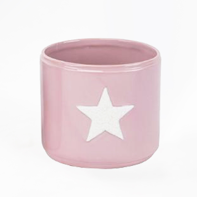 Vaso em Cer&acirc;mica cor de rosa com Estrela em branco